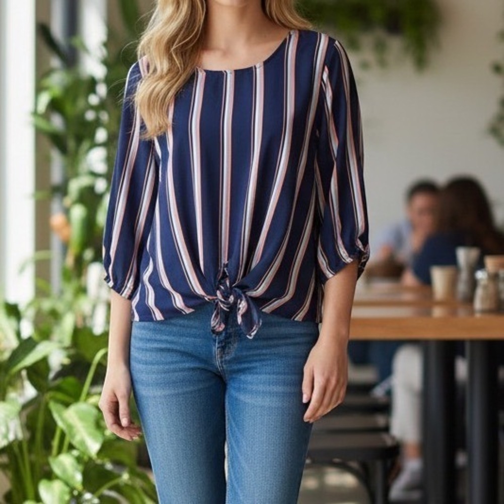 Pink Republic Navy Striped Knot‎ Front 3/4 Sleeve Top Large PF9W20139PKL NWT